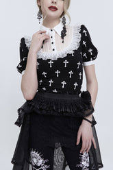 Chemisier punk pour femme en chiffon à panneau poitrine imprimé croix noir/blanc avec col en dentelle et pendentif à bretelle en dentelle